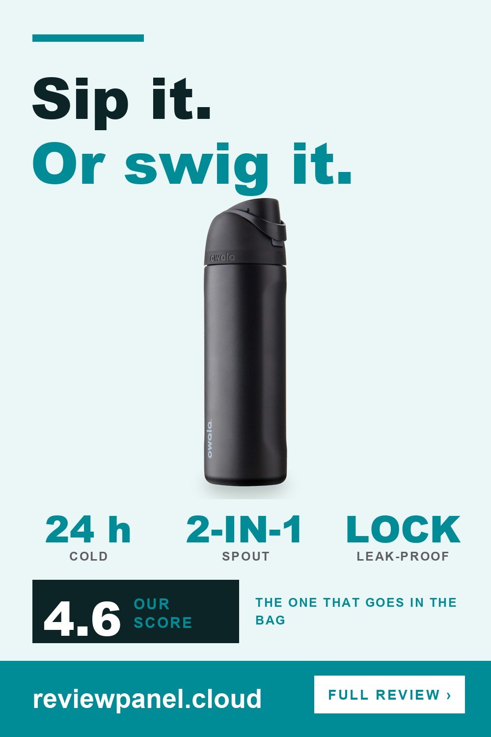 Owala FreeSip Insulated Stainless Steel Water Bottle 24 oz in a ReviewPanel pin with its three key numbers, scored 4.6 out of 5.
