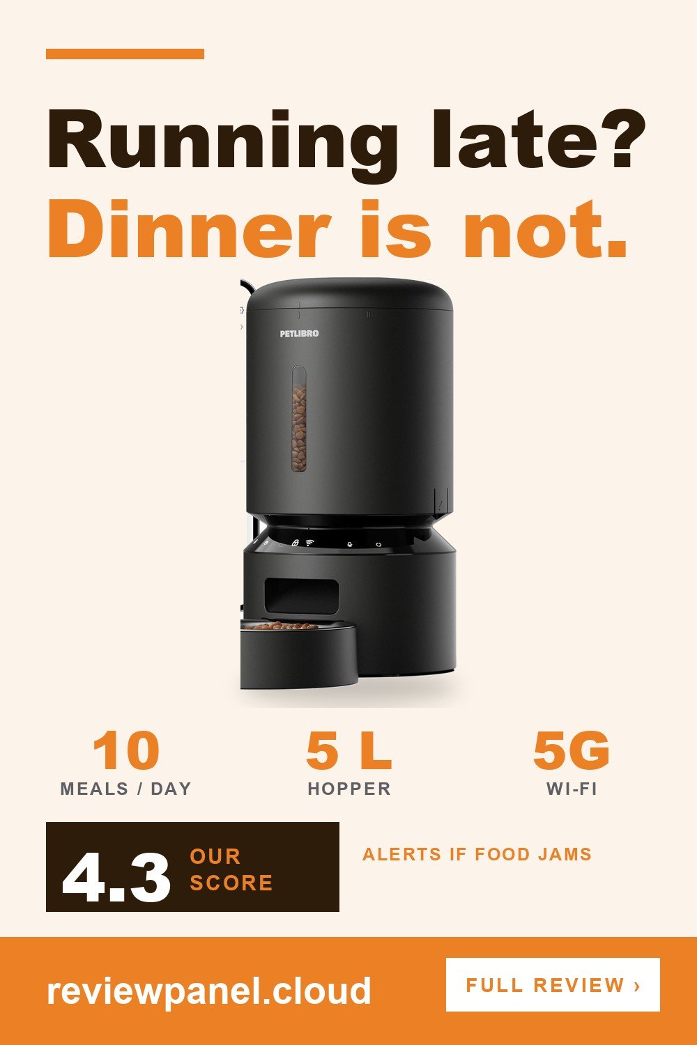 PETLIBRO Granary Wi-Fi Automatic Pet Feeder 5L (PLAF103) in a ReviewPanel pin with its three key numbers, scored 4.3 out of 5.
